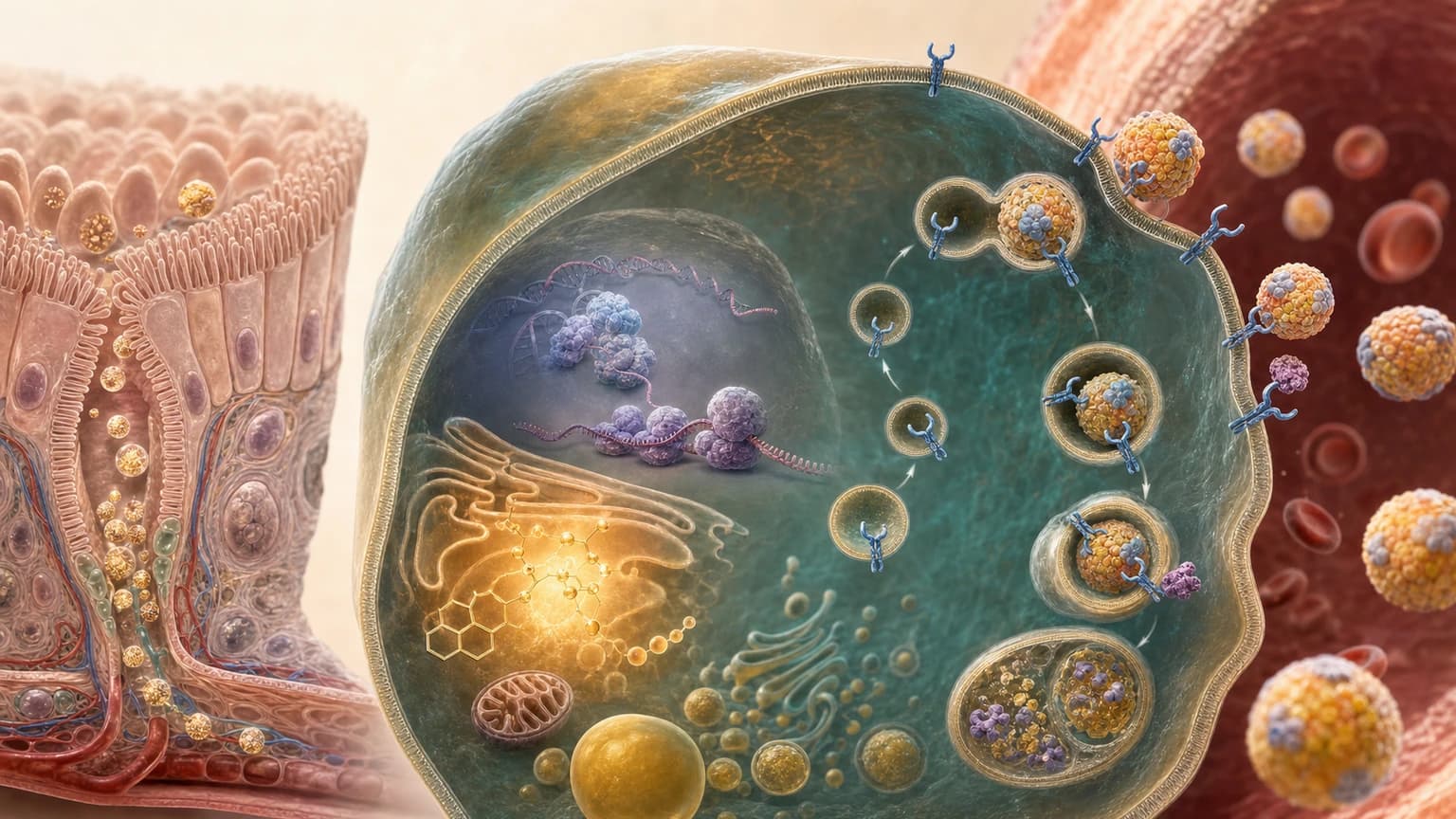 Editorial liver-cell treatment map showing intestinal cholesterol absorption, hepatic synthesis, PCSK9 production, LDL-receptor recycling, and extracellular PCSK9 binding.