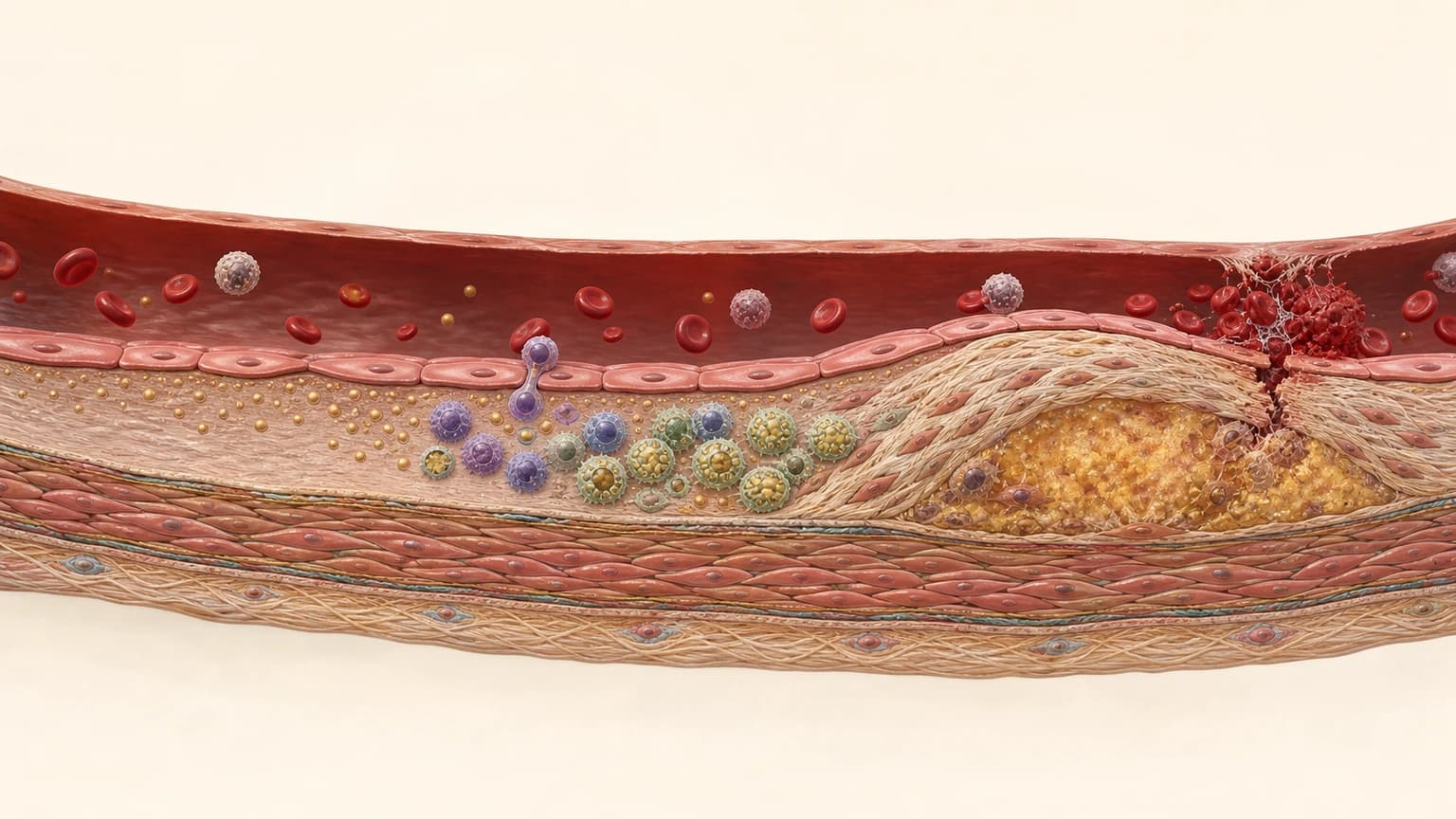 Editorial cross-section showing five stages of atherosclerotic plaque development from early particle retention through a complicated plaque.