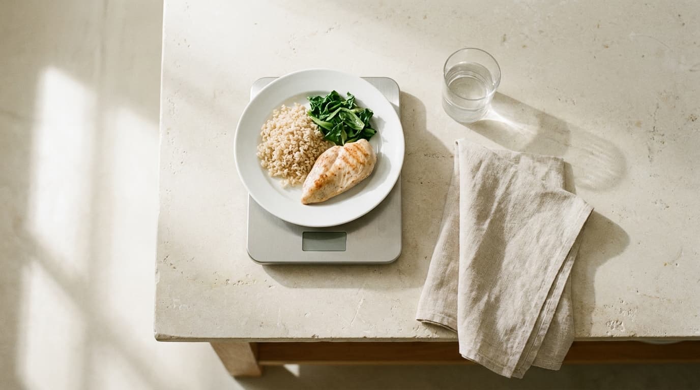 Overhead view of a plate of chicken, rice, and greens resting on a kitchen scale in warm window light.