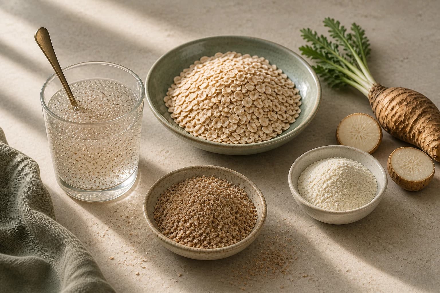 Psyllium gel, oats, wheat bran, and chicory root arranged on a warm stone surface in natural light.