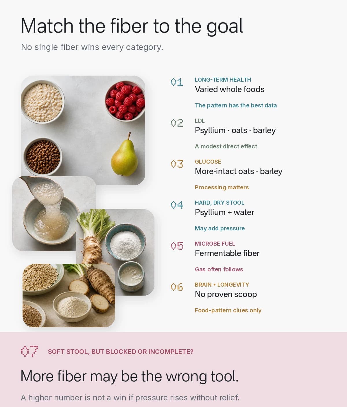 Decision map matching varied whole foods, psyllium, oats, barley, and fermentable fiber to long-term health, LDL, glucose, constipation, microbiome, and brain-health goals.