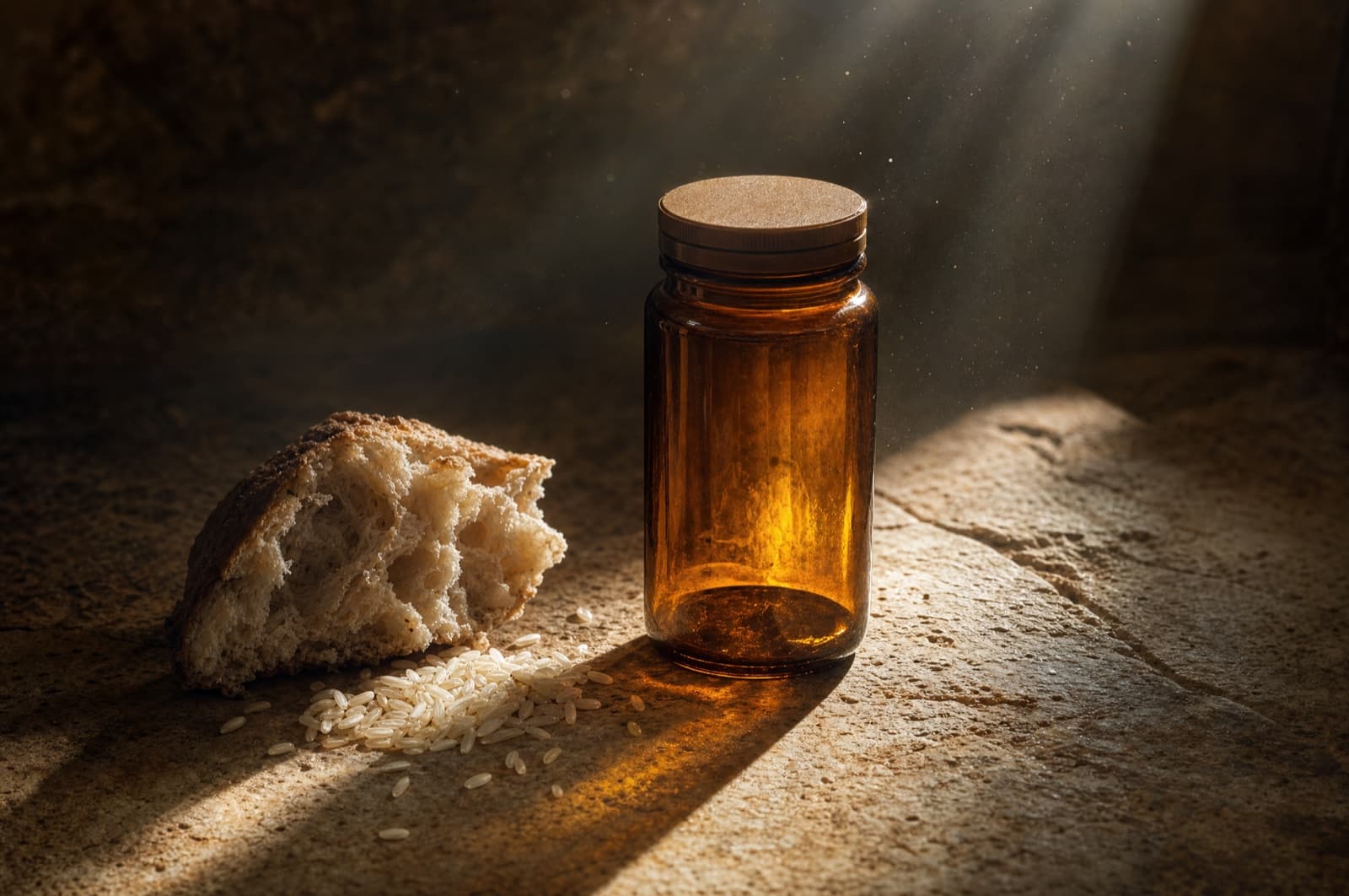 An unlabeled amber pill bottle standing in a hard shaft of window light on rough stone, beside torn bread and scattered rice grains, dust suspended in the beam.