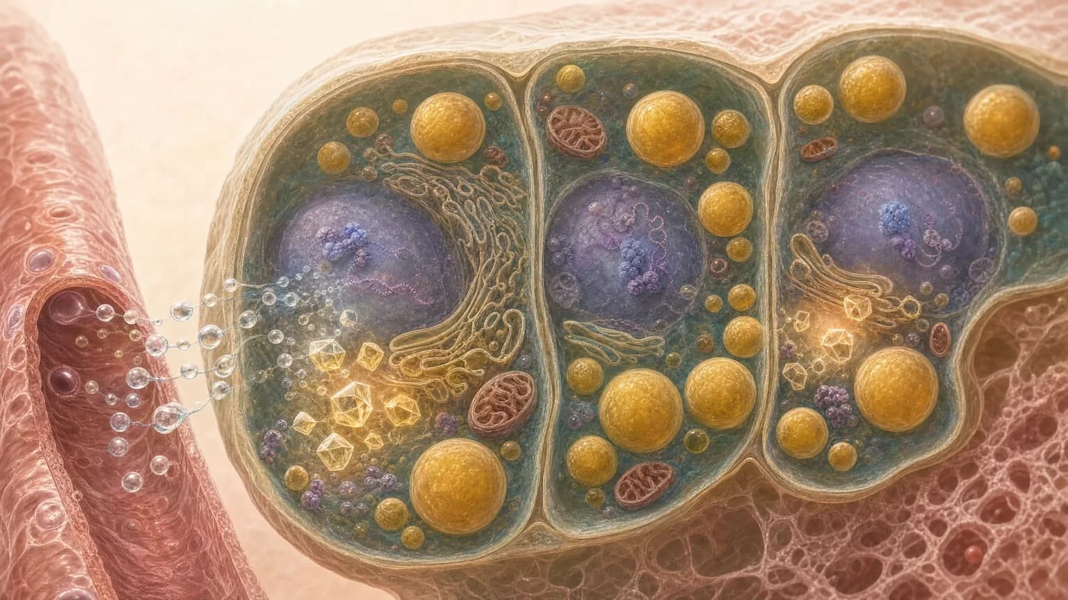 Cutaway of liver cells: clear ethanol droplets entering from a vessel and being converted into angular molecules, while large golden fat droplets sit idle and accumulate.