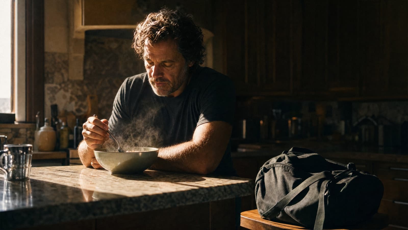 A man eats a bowl of oatmeal at a kitchen counter in early morning, a shaft of window light across his face and the steam, a gym bag on the stool beside him.