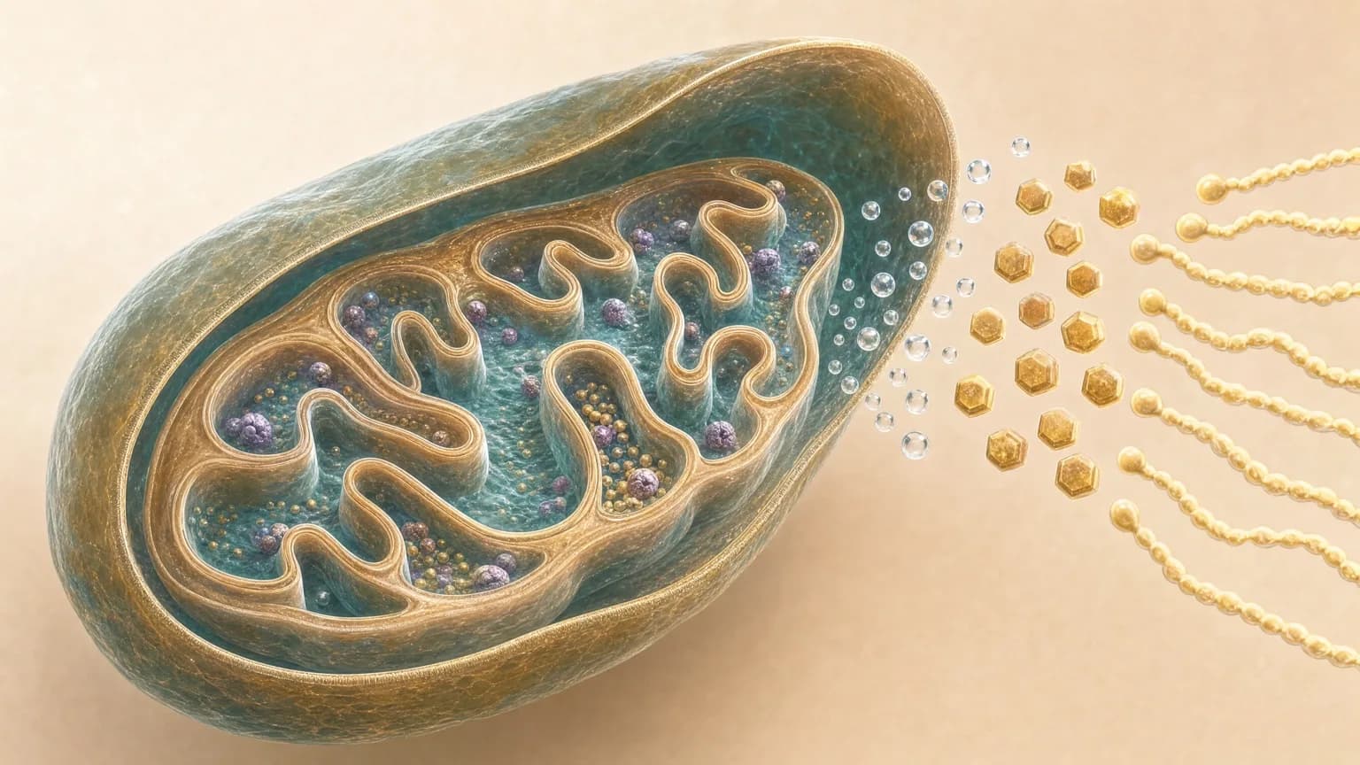 Cutaway of a mitochondrion with folded cristae, approached by three queued streams of molecules: clear droplets nearest the membrane, golden sugar hexagons behind them, and long fatty-acid chains waiting furthest back.