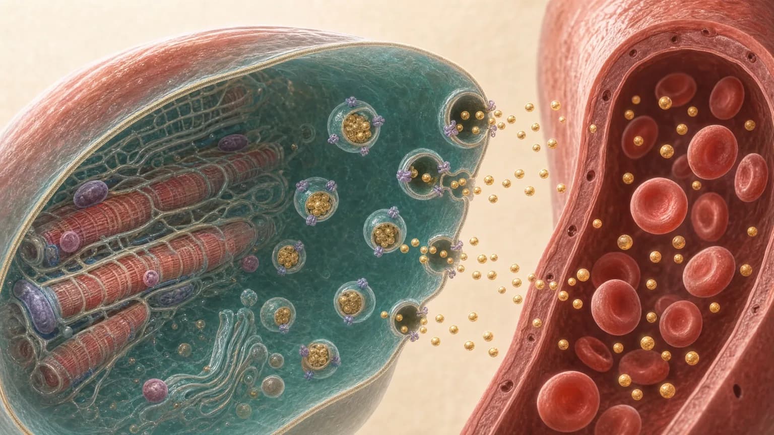 Cutaway of a skeletal muscle cell beside a capillary carrying red blood cells and golden glucose spheres, with transporter vesicles fusing with the muscle membrane to let glucose pass into the cell.