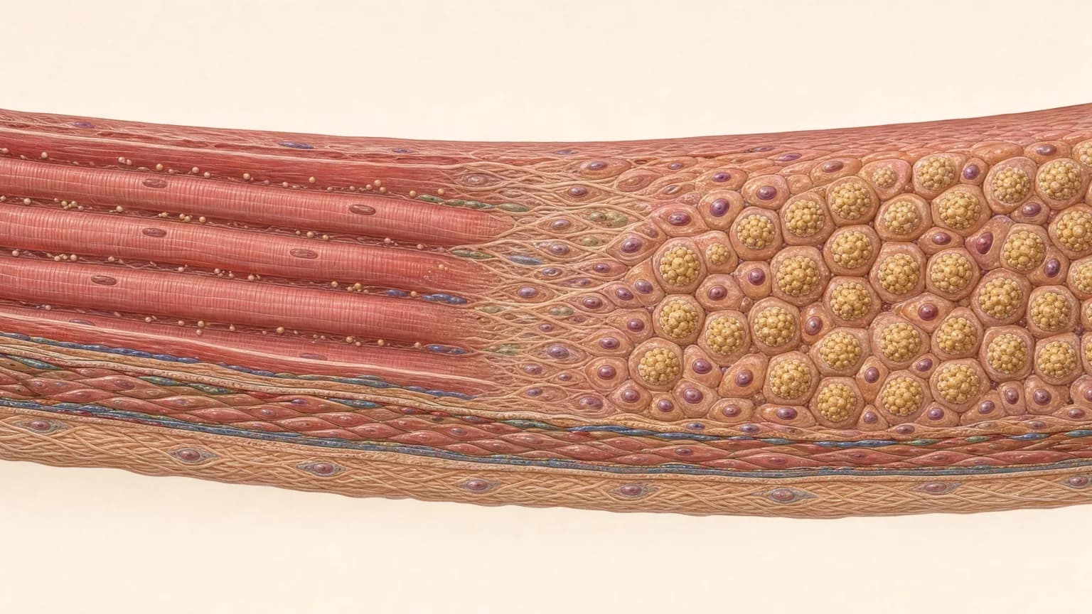 Cross-section showing sparse, scattered glycogen granules among skeletal muscle fibers on the left, transitioning to liver tissue on the right where hepatocytes are densely packed with large glycogen rosettes.