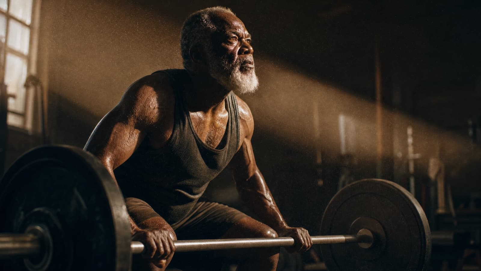 A shaft of morning light cuts across a dim gym, catching chalk dust and rim-lighting an older man mid-set at a loaded barbell.