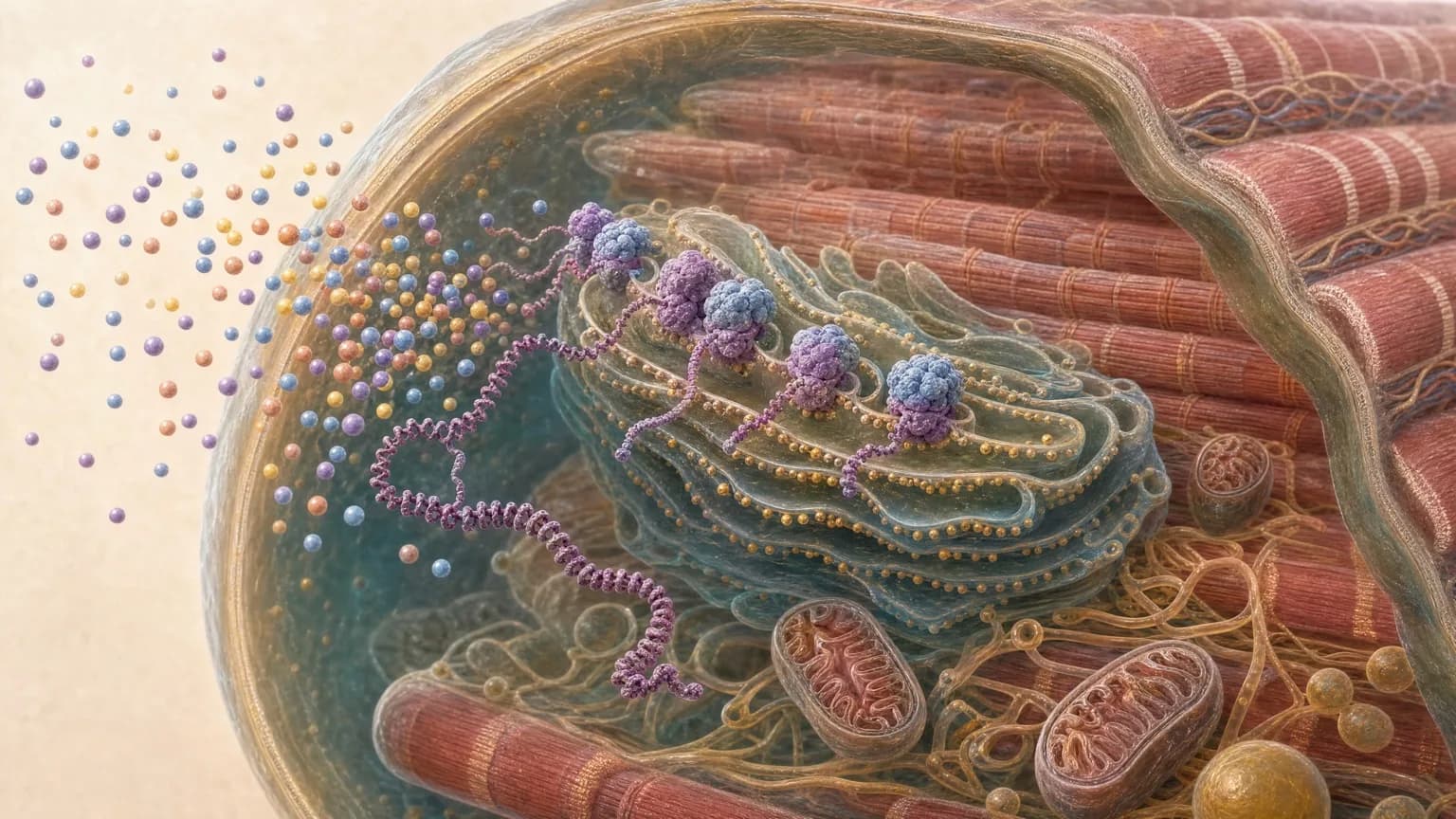 Cutaway of a muscle cell interior where ribosomes on folded endoplasmic reticulum assemble a long protein chain, with a cloud of amino-acid spheres drifting in — dense near the ribosomes, sparse at the far edge.