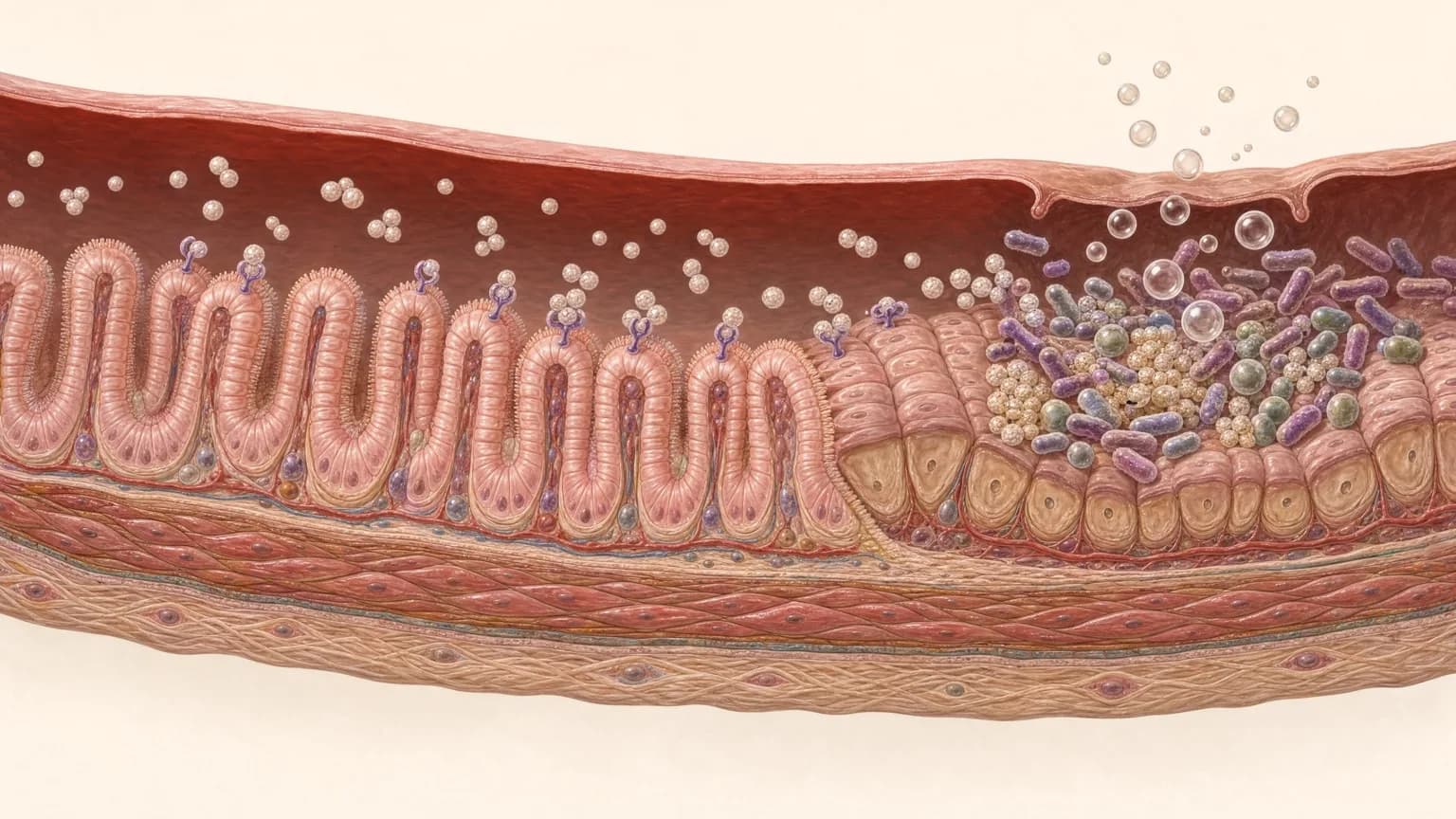 Cross-section of the intestinal wall: villi lined with brush-border cells and starch granules drifting in the lumen, transitioning to colon where clustered gut bacteria ferment intact starch and gas bubbles rise.