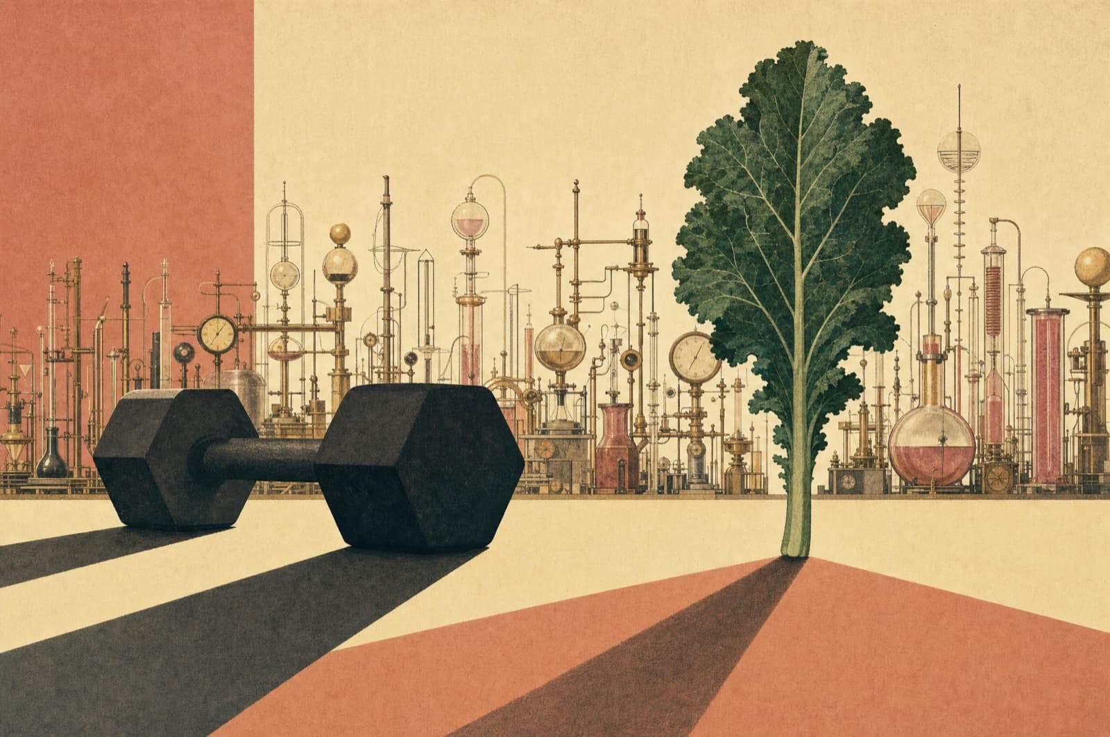 Conceptual illustration: a vast wall of ornate laboratory glassware and gauges, dwarfed in the foreground by two enormous simple objects — a dumbbell and a single stalk of leafy greens.