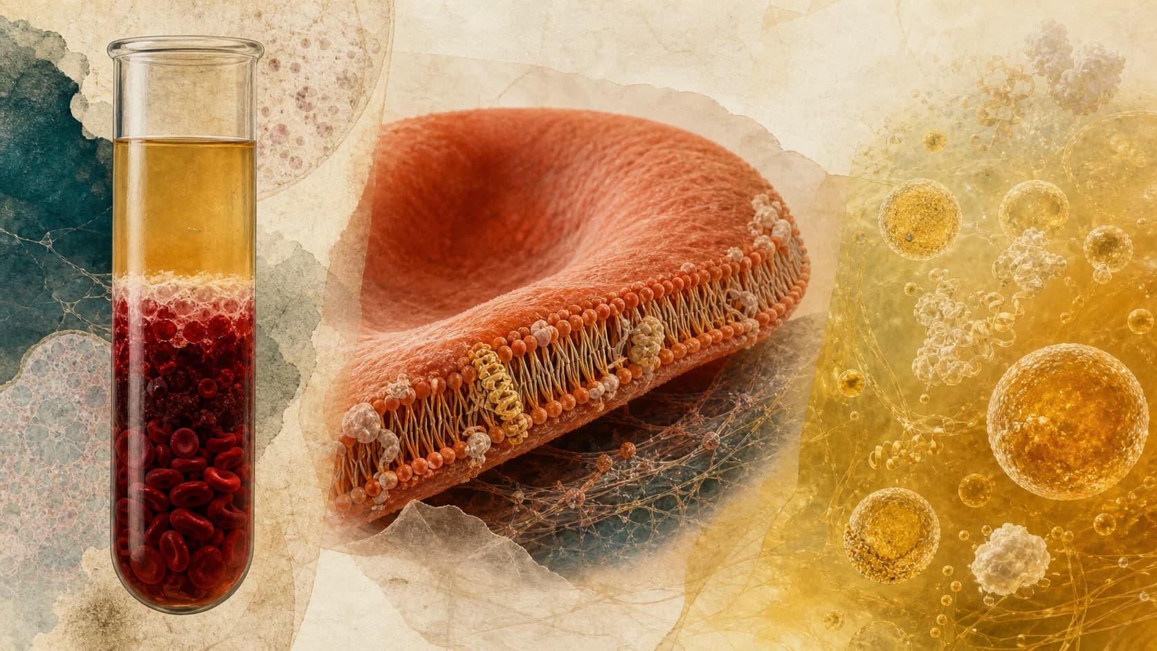 A whole-blood tube, red-cell membrane, and plasma shown side by side to distinguish fatty-acid assay compartments.