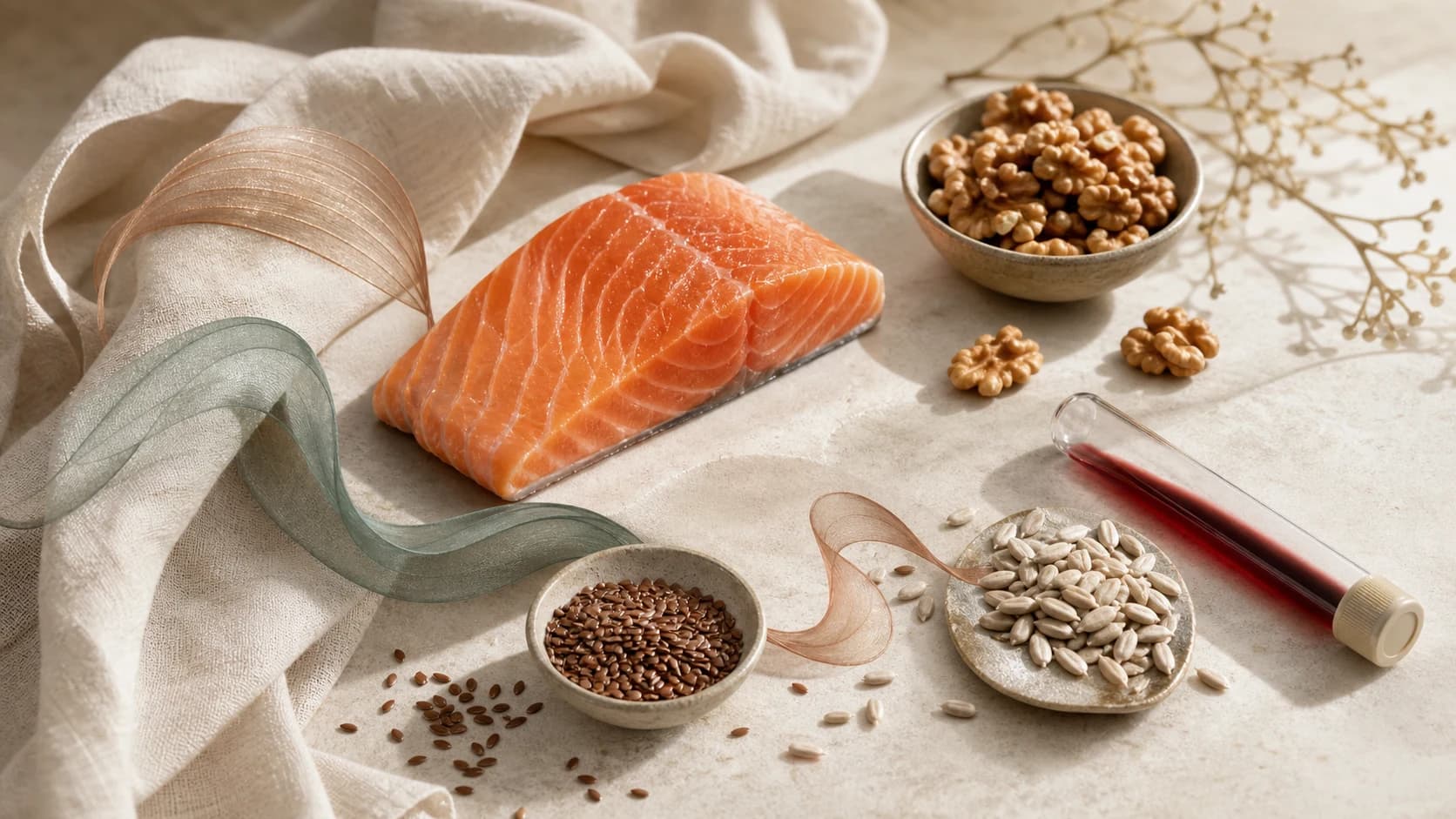 Salmon, walnuts, flaxseed, sunflower seeds, and a whole-blood tube arranged to show omega-3 sources and testing.