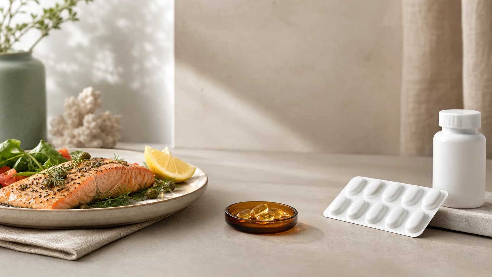 Cooked salmon, supplement capsules, and a prescription bottle arranged side by side to distinguish three omega-3 interventions.