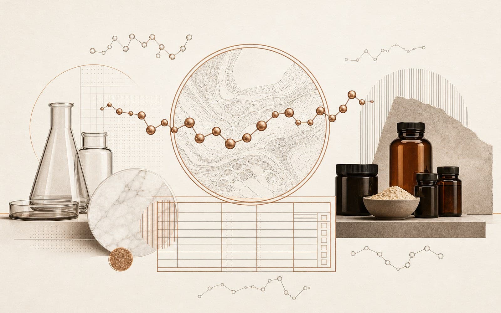 Peptide molecules organized by human evidence, regulatory status, route, and source risk.