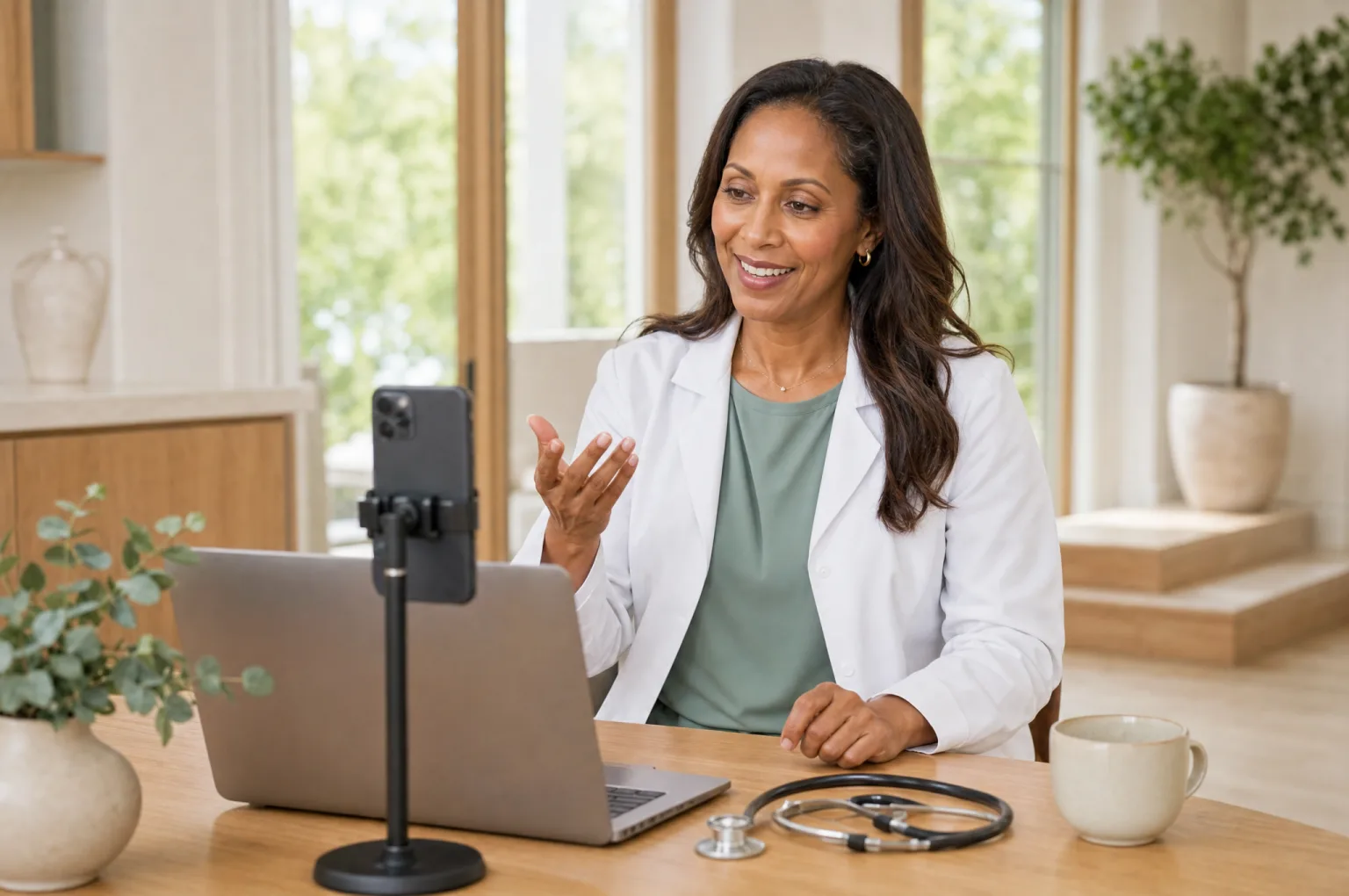 A physician in a white coat sits at a bright oak desk, speaking to a phone mounted on a small tripod beside a laptop and a stethoscope.