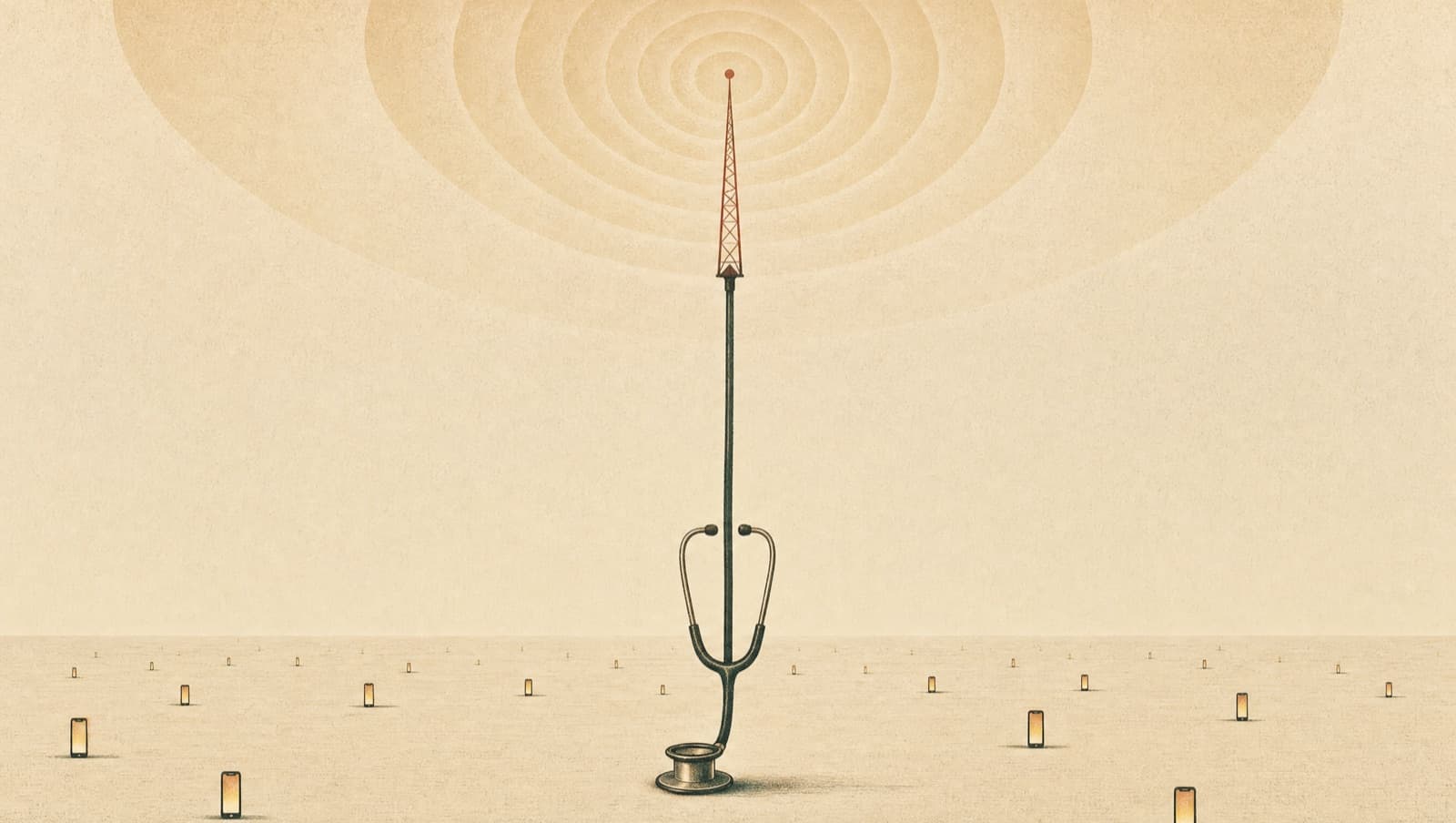 Editorial illustration of a stethoscope whose tubing rises into a broadcast mast, radiating signal rings across a wide sky above scattered glowing phone screens.