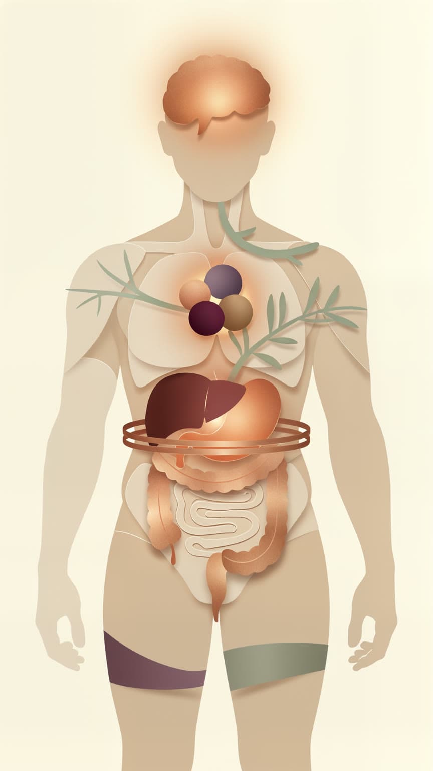 Abstract editorial illustration of body systems affected by poor sleep