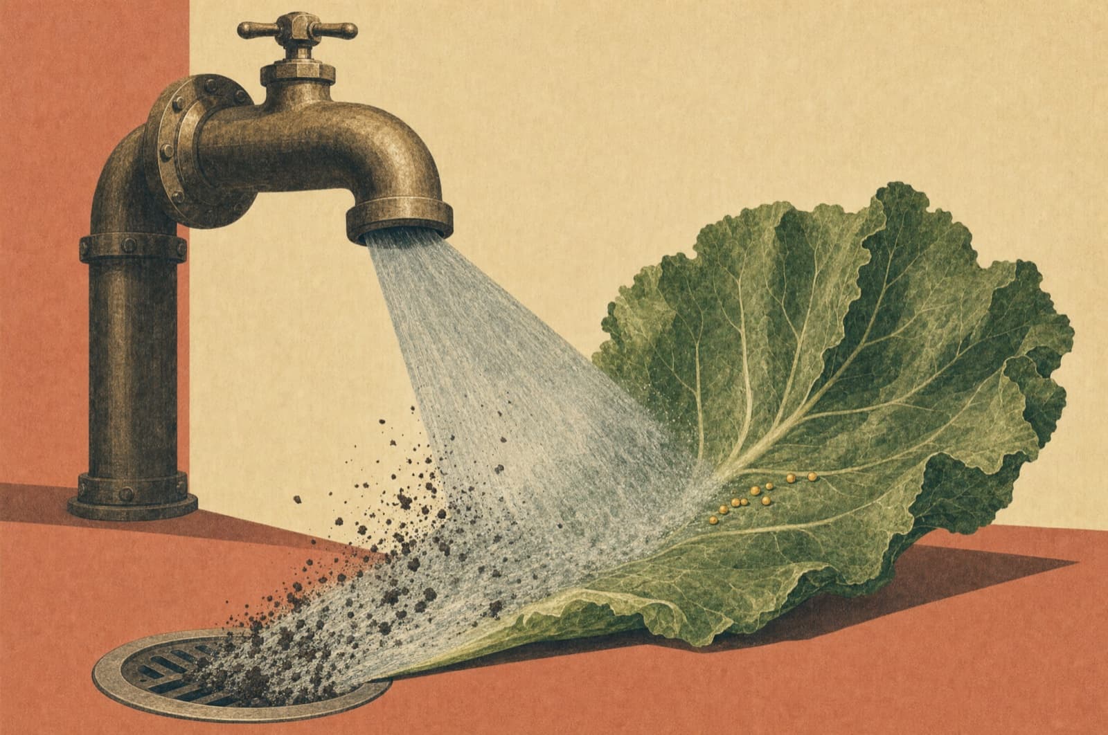 Illustration of an oversized faucet washing soil off a large lettuce leaf into a drain while a small cluster of round ochre specks stays attached to the leaf, untouched by the water.