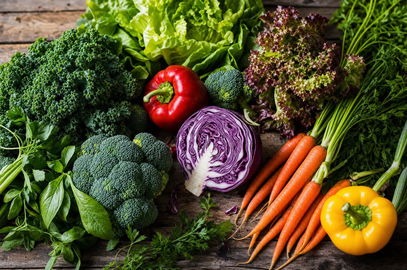Overhead view of a wooden farmhouse table spread with romaine and red leaf lettuce, kale, broccoli, bell peppers, carrots with tops, red cabbage, and loose herbs in natural window light.