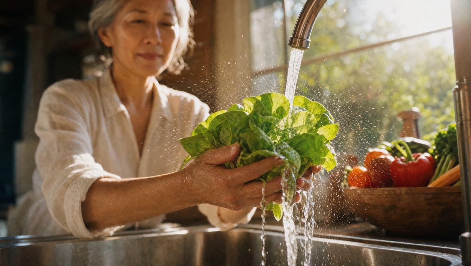 A woman in her late fifties holds a head of butter lettuce under a running kitchen faucet in bright morning light, backlit spray misting off the leaves, a bowl of red peppers and greens beside the sink.