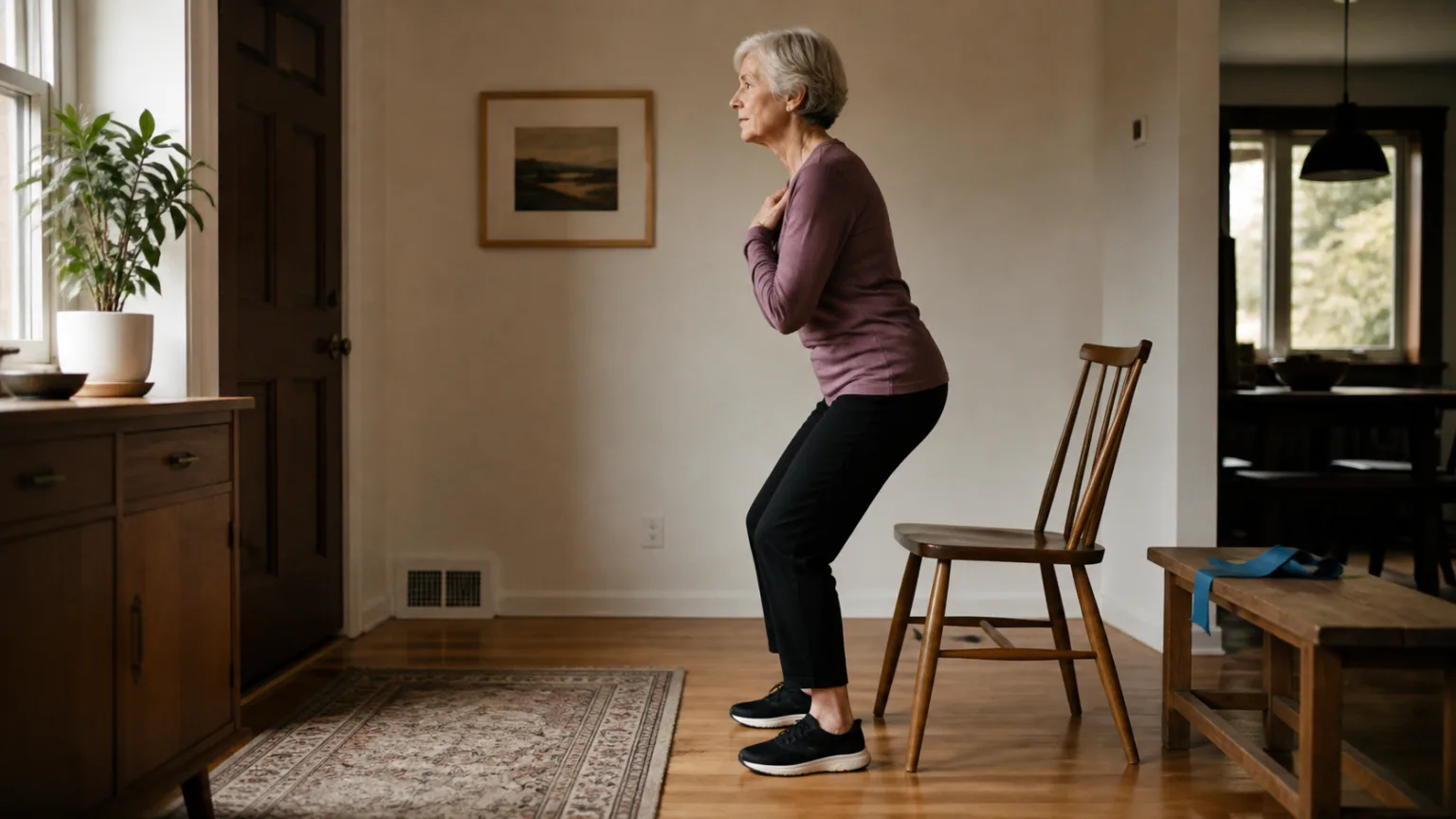 An older woman performs a controlled chair stand at home.