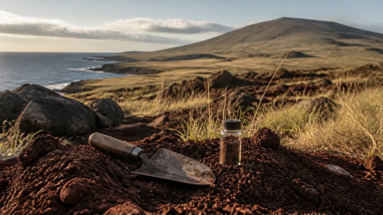 A soil trowel and sample vial rest in red volcanic soil above the coast of Rapa Nui.