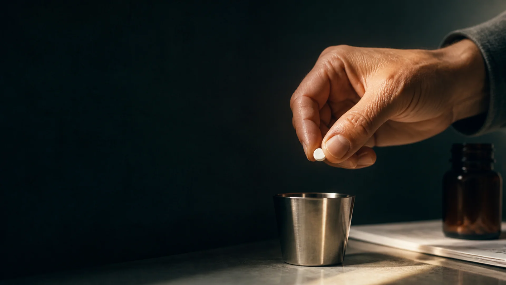 A hand holds one white tablet above a steel medication cup on a dark clinical desk.