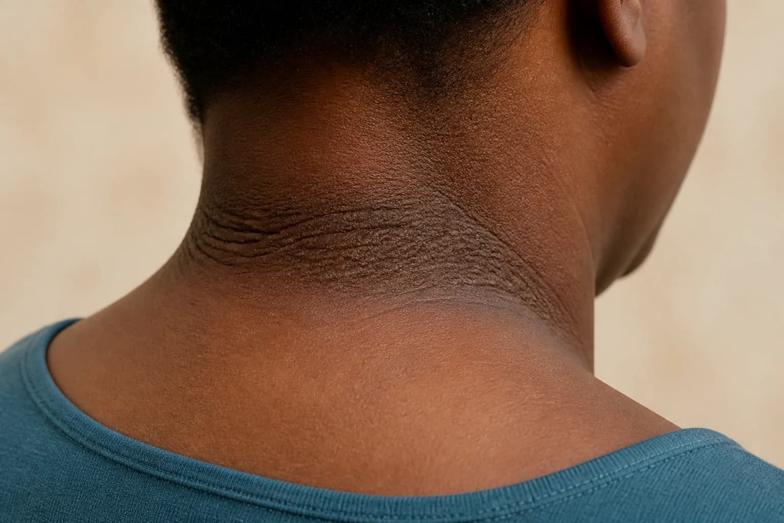 Illustrative photograph of symmetric velvety darkening and thickening along the folds at the back of the neck.