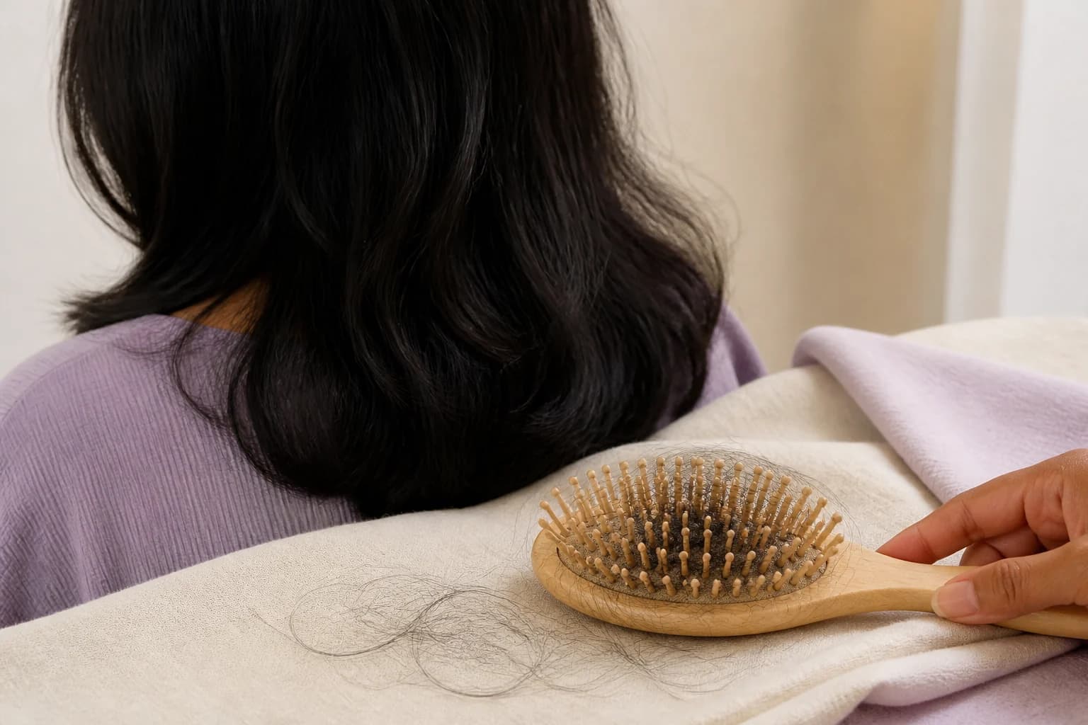 Illustrative photograph of diffuse hair shedding shown by loose strands in and around a hairbrush.
