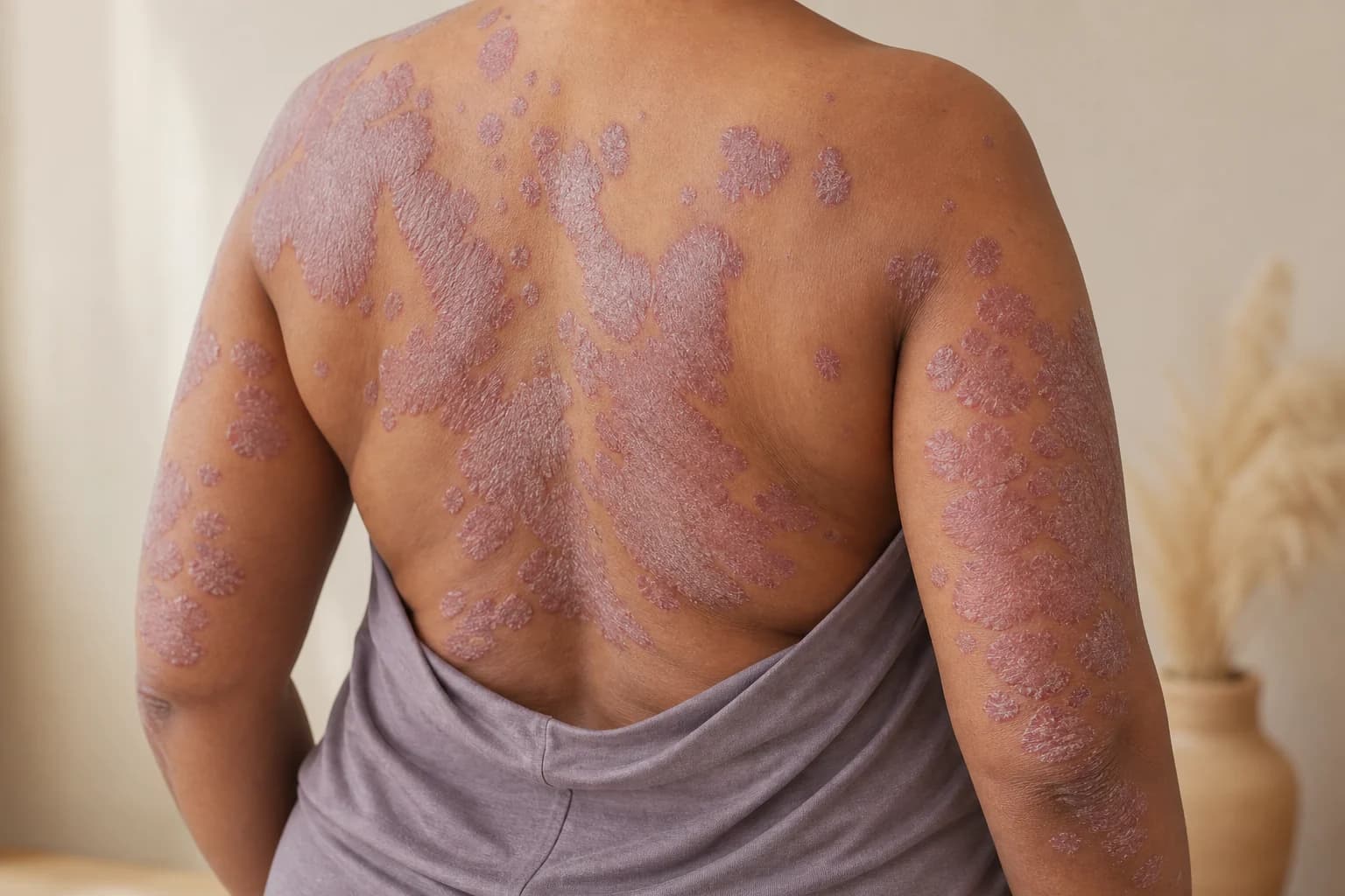 Illustrative photograph of extensive well-demarcated scaly plaques across the upper back and outer arms.