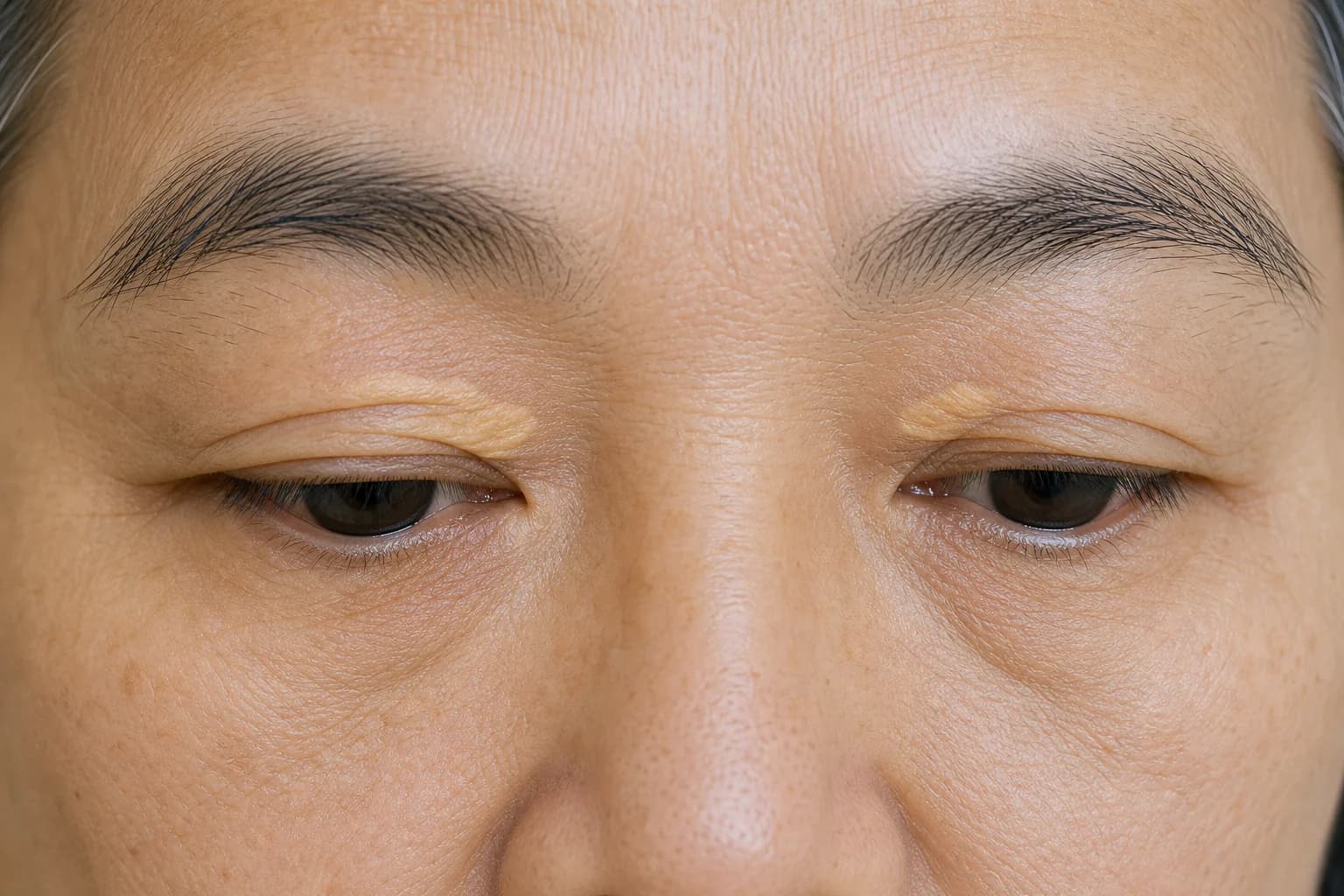 Illustrative close view of subtle pale yellow plaques near the inner upper eyelids.