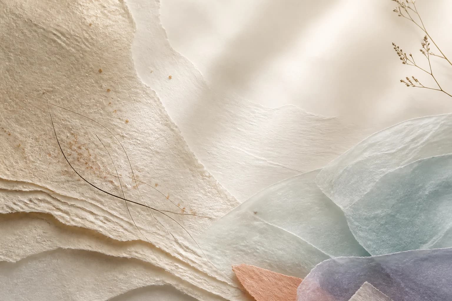 Abstract layered paper textures and fine fibers suggesting a visible surface shaped by time and repair.