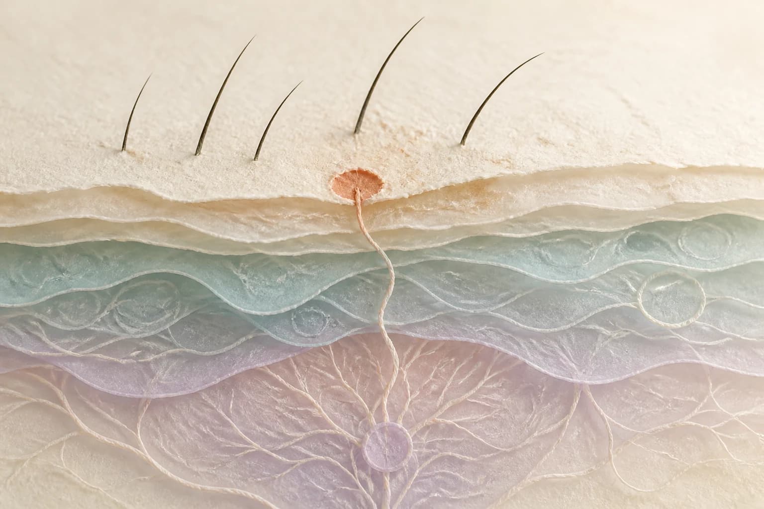 Abstract layered paper cutaway with fine hair fibers and a terracotta surface point linked to translucent deeper layers.