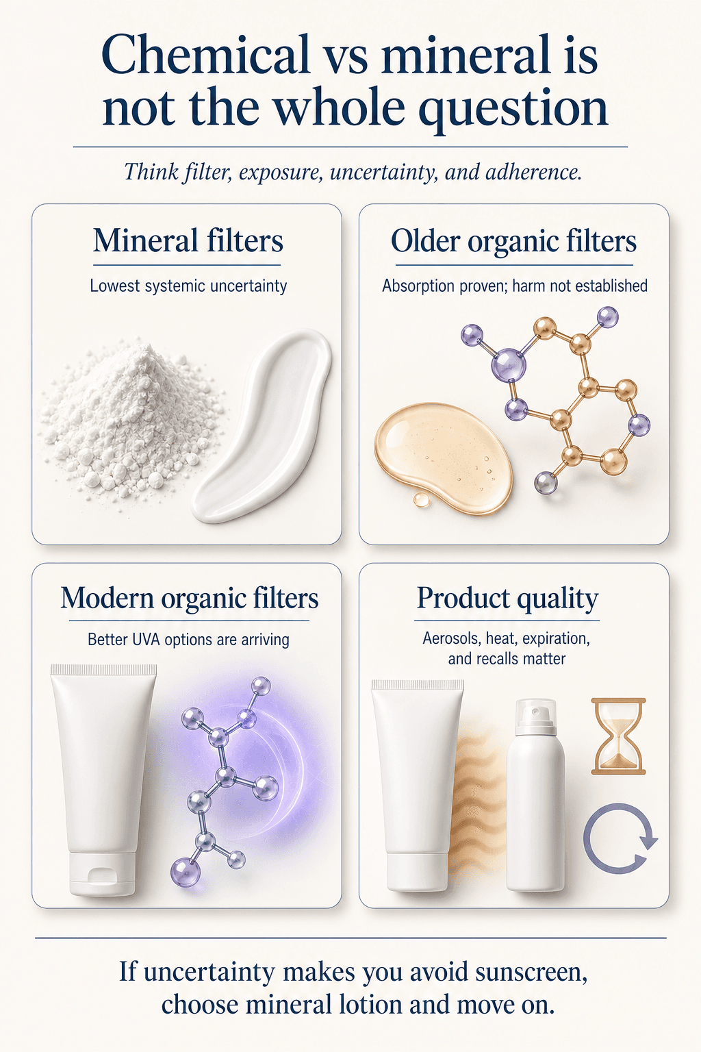 Editorial sunscreen graphic explaining that chemical versus mineral is not the whole question: filter type, exposure, uncertainty, product quality, and adherence matter.