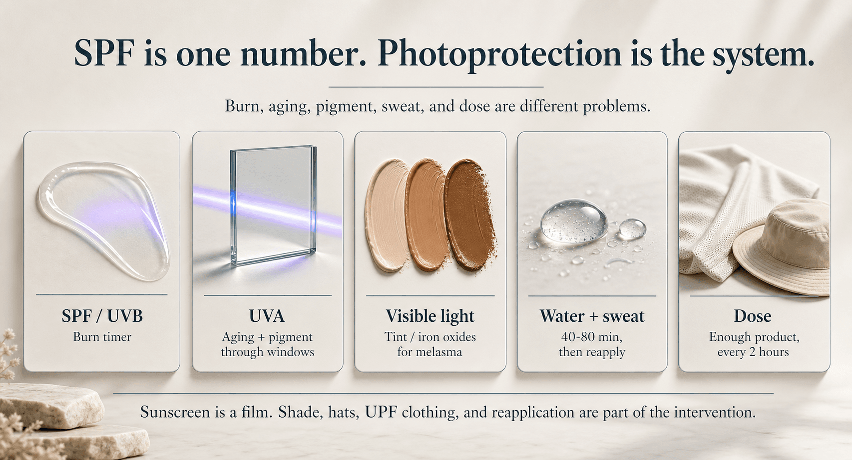 Editorial infographic showing sunscreen as a photoprotection system across SPF and UVB, UVA, visible light, water and sweat, and dose plus reapplication.