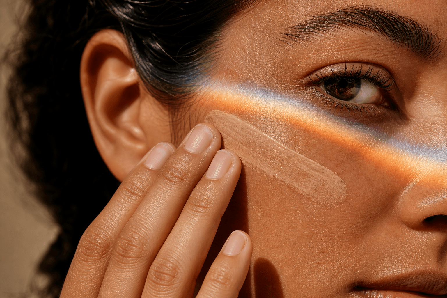 Close-up editorial photograph of real skin with a swipe of tinted sunscreen and refracted sunlight for a sunscreen photoprotection guide.