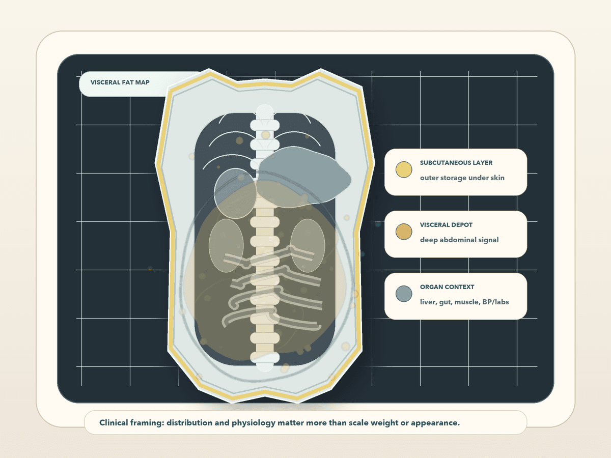 Clinical-style torso illustration showing subcutaneous fat under the skin, visceral fat deep around abdominal organs, and organ context for metabolic risk.