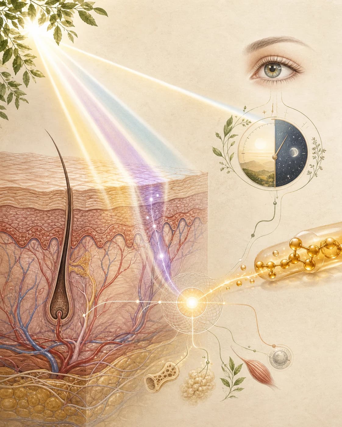 Conceptual editorial illustration of sunlight, skin, the eye, and vitamin D pathways in a warm medical-journal style.