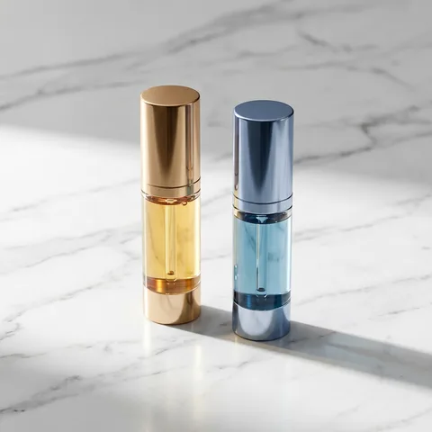 Two skincare serum bottles on marble