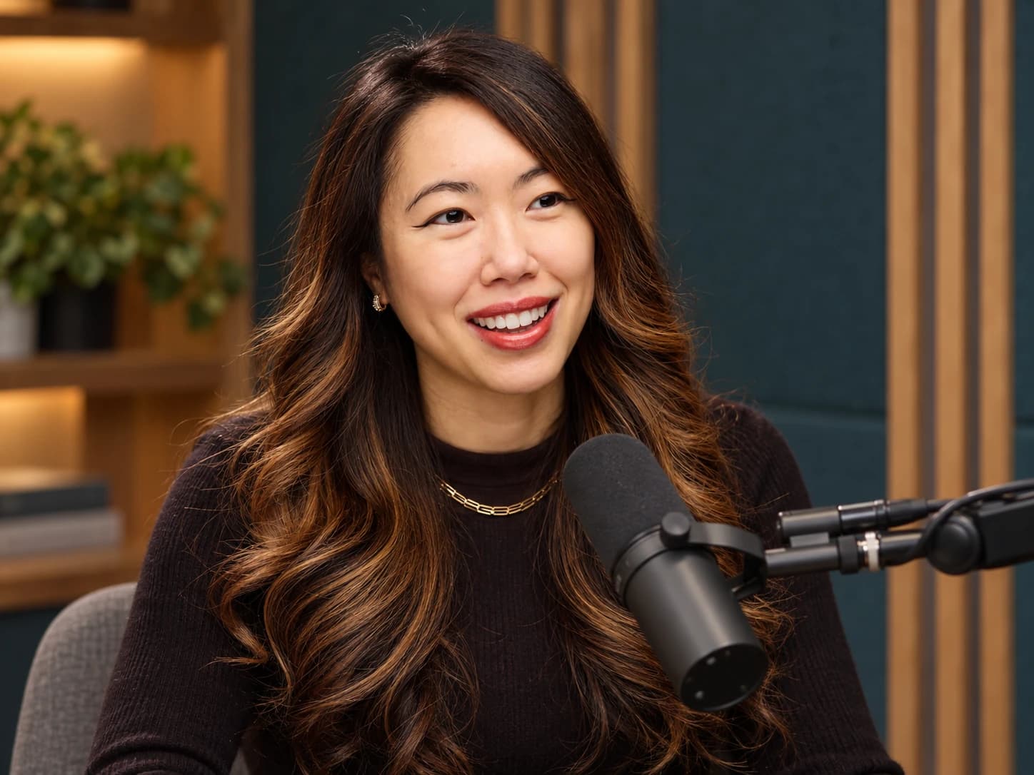 Hillary Lin in a podcast studio