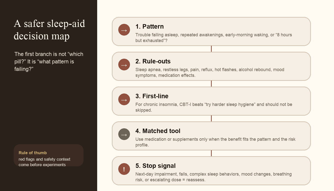 Stepwise decision map for sleep aids: identify the pattern, rule out medical causes, prioritize CBT-I, match the tool, and stop for safety signals.