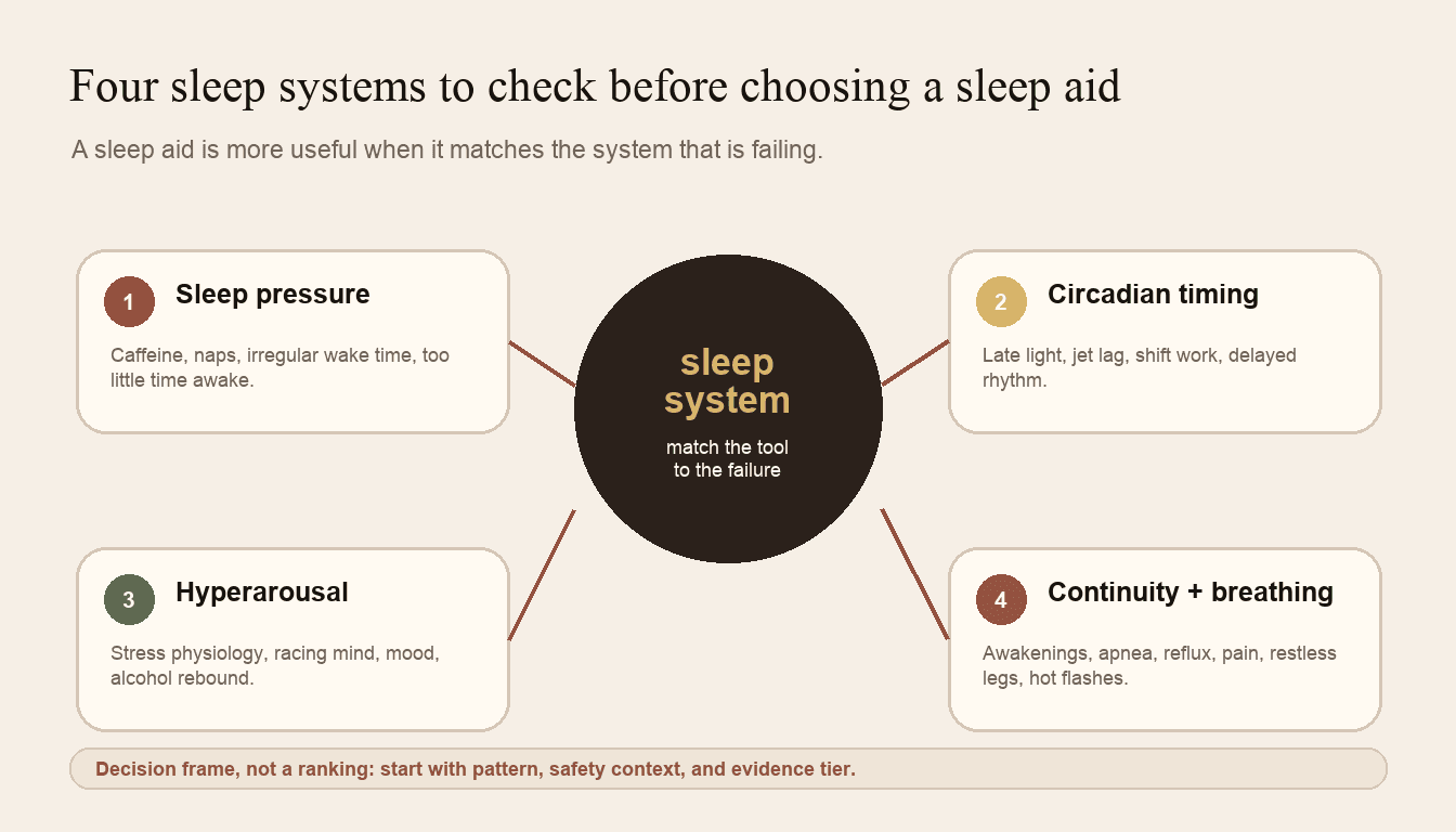 Diagram showing four sleep systems to check before choosing a sleep aid: sleep pressure, circadian timing, hyperarousal, and continuity plus breathing.