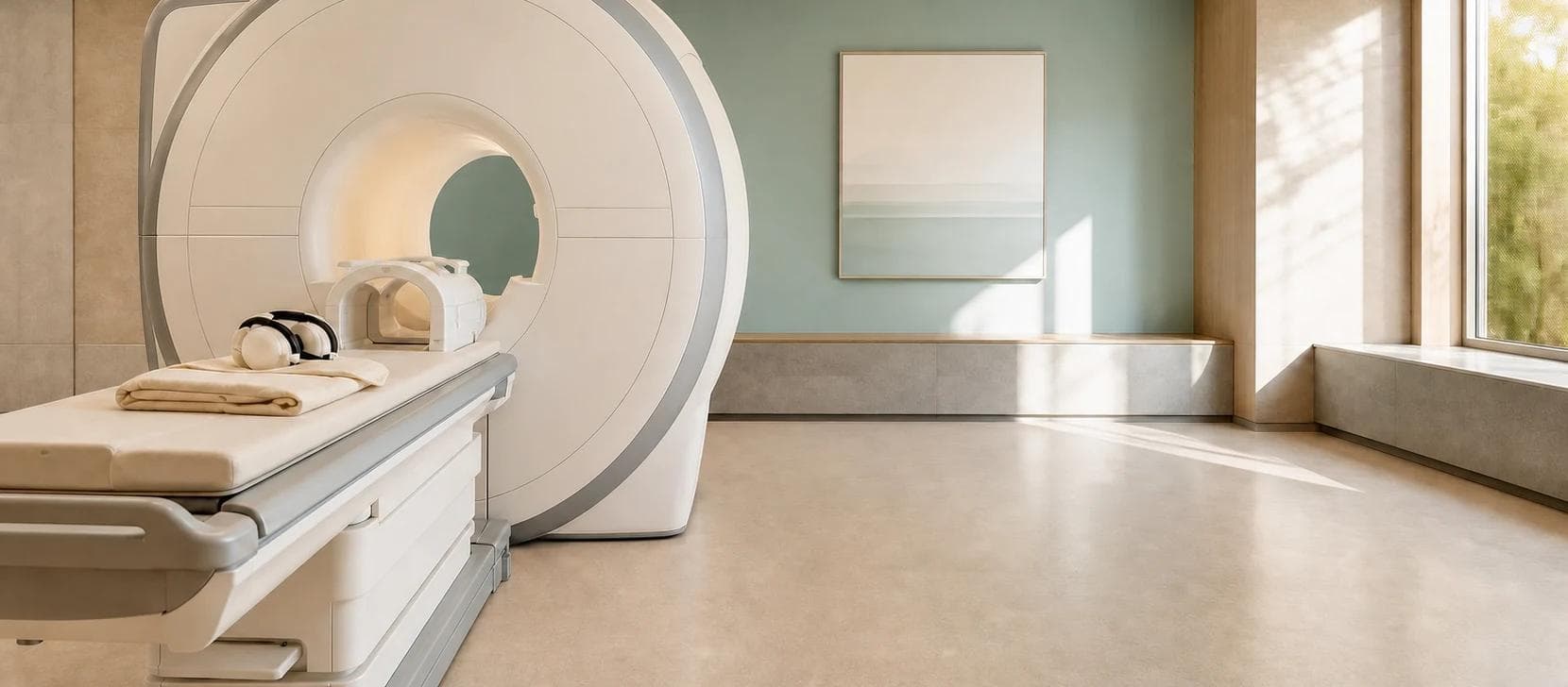 Warm editorial photograph of an empty MRI scanner and patient table in a softly lit imaging room.