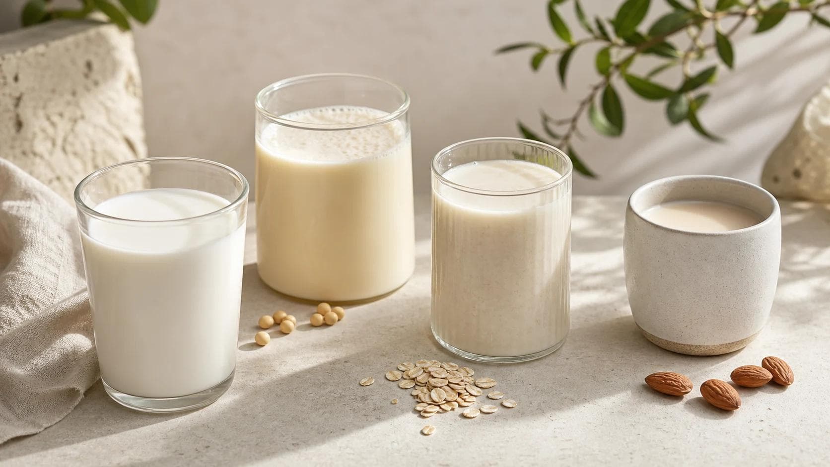 Four unbranded glasses of whole, soy, oat, and almond milk arranged with soybeans, oats, and almonds in warm natural light.