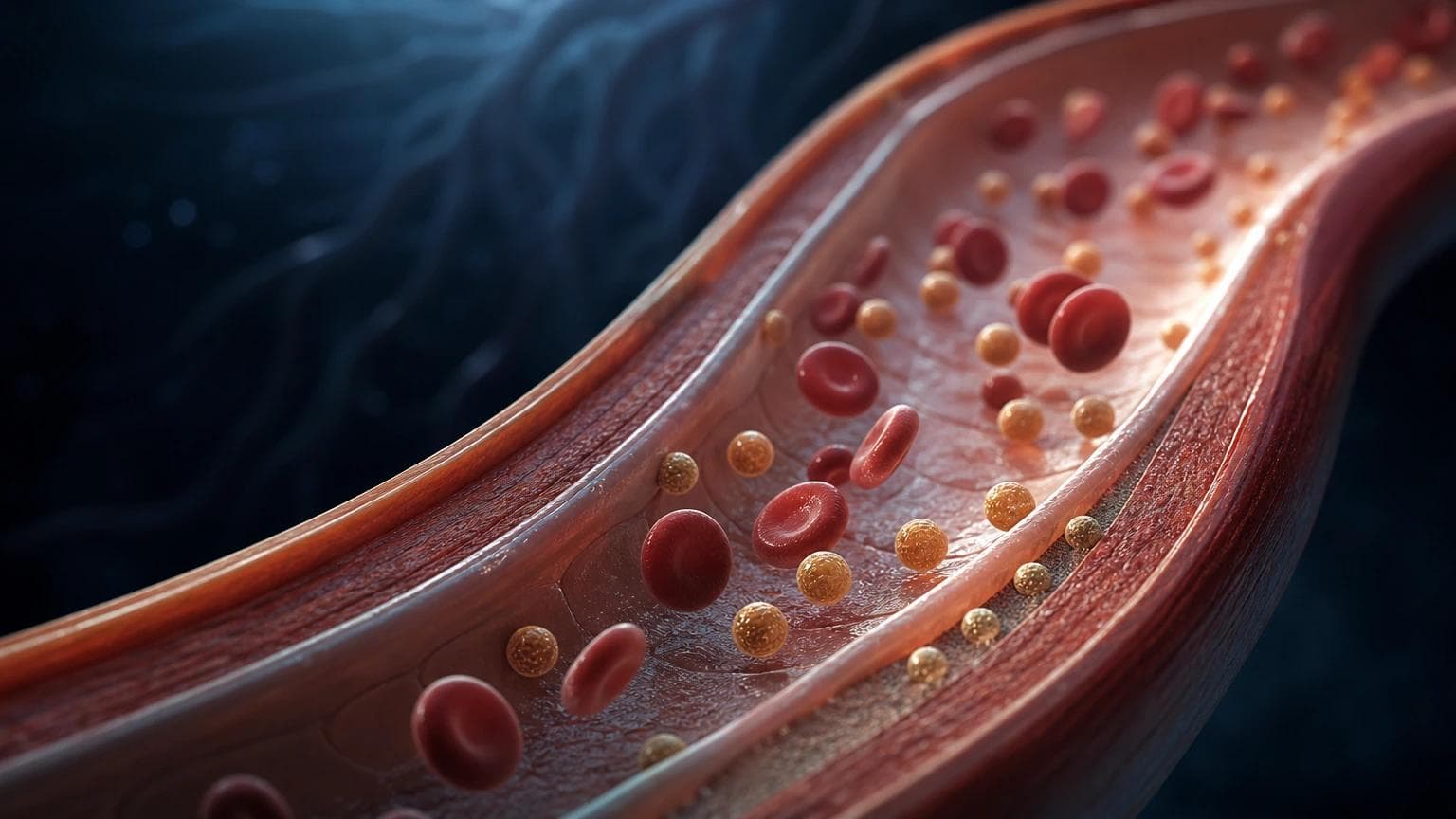 Editorial cutaway of an open coronary artery with red blood cells and ApoB-containing lipoprotein particles in the lumen, with subtle early particle retention at the artery wall.