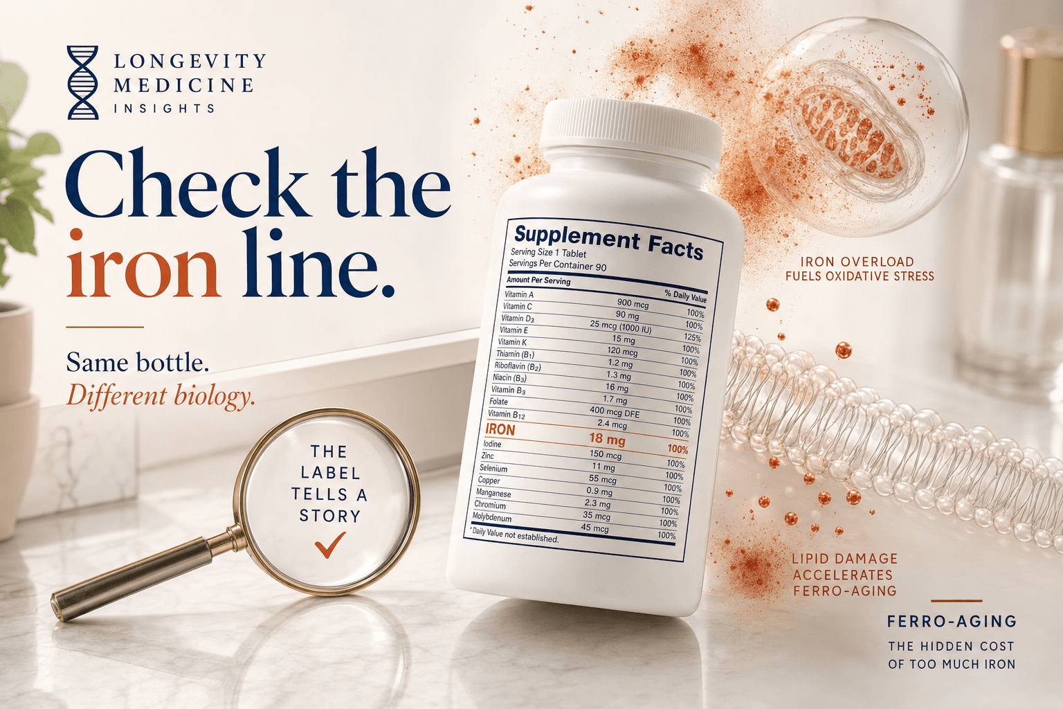 Supplement facts label with a callout to check the iron line
