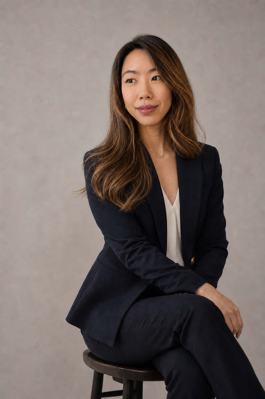 Hillary Lin, MD seated in a navy suit for a studio portrait